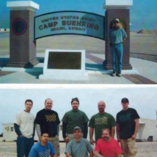 Two photos. Top: Person standing beside a sign for 