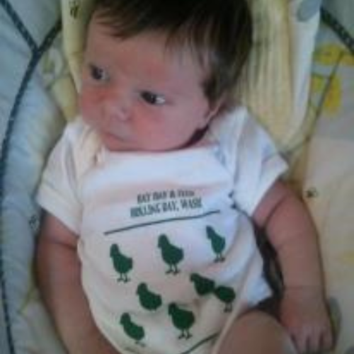 Baby in a onesie with green chickens printed on it, lying in a cushioned seat. The baby looks to the side with a curious expression.