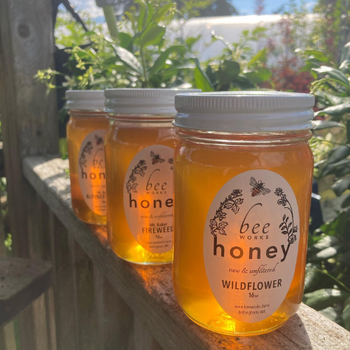 Three jars of golden honey labeled "Bee Works" are lined up on a wooden railing, surrounded by lush greenery and sunlight, evoking a natural and fresh ambiance.