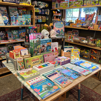 A table filled with various books and colorful toys, creating a playful and inviting atmosphere.