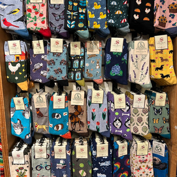 A vibrant display of colorful socks with various patterns, including animals, flowers, and bikes, neatly arranged on a wooden backdrop. Playful and cheerful tone.