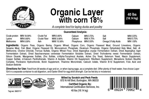 Scratch and Peck Feeds Organic Layer Feed 18% Protein + Corn For Chickens & Ducks